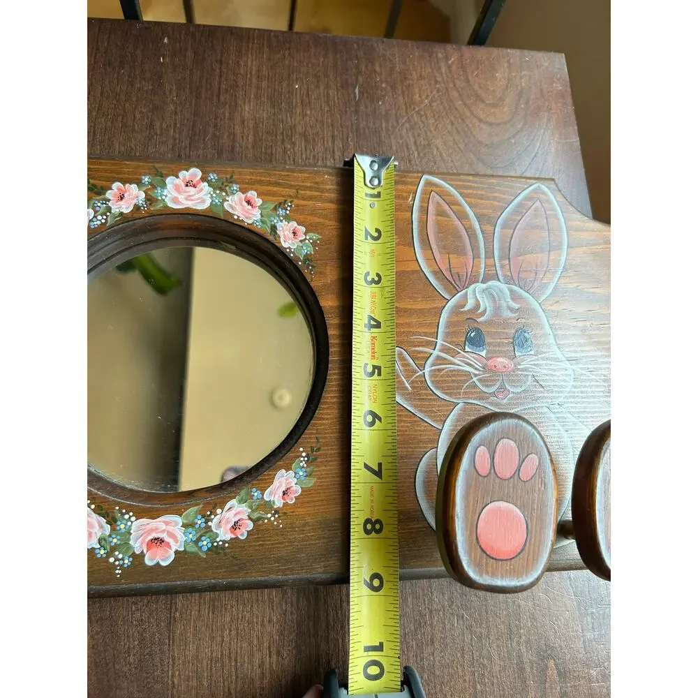 Vintage handmade wall hat coat rack rabbit mirror pine wood 1990s